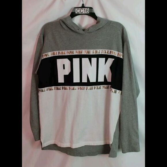 Victoria Secret Pink Hoodie Bling Tunic Sweatshirt Graphic S Grey White Gold. - Picture 1 of 6